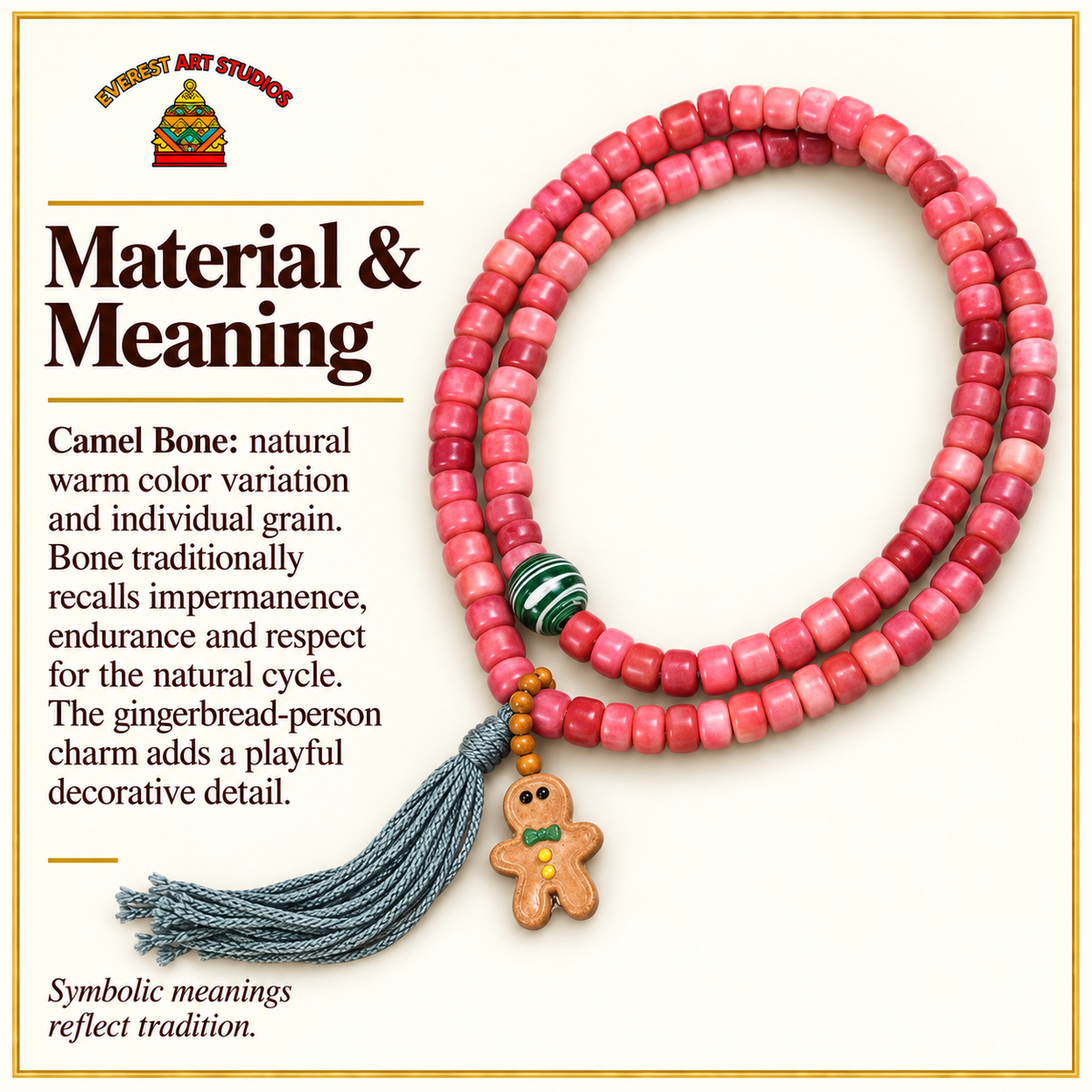 EverestArtstudios Natural Full-Blood Camel Bone 108-Bead Mala with Gingerbread Charm — materials meaning