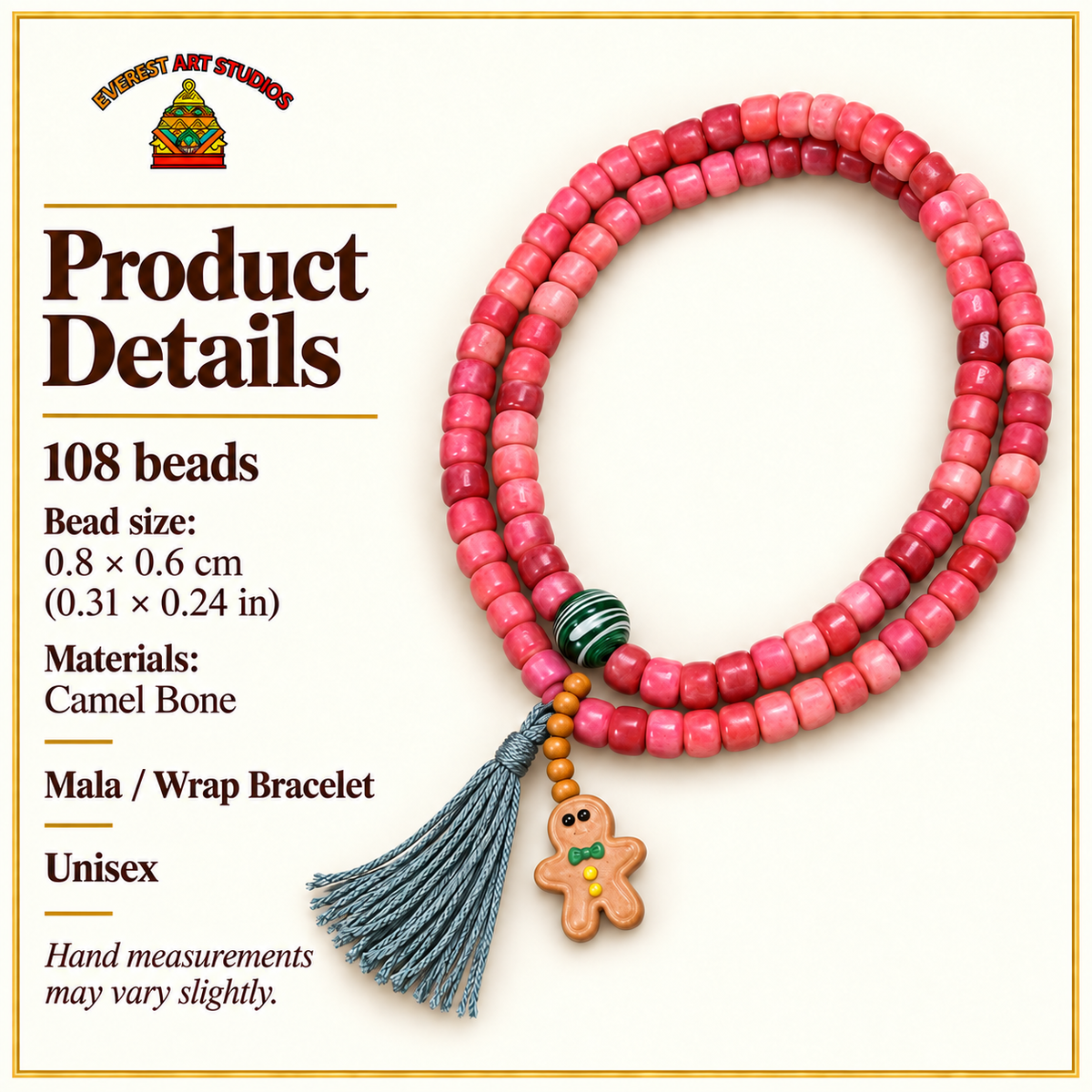 EverestArtstudios Natural Full-Blood Camel Bone 108-Bead Mala with Gingerbread Charm — specifications