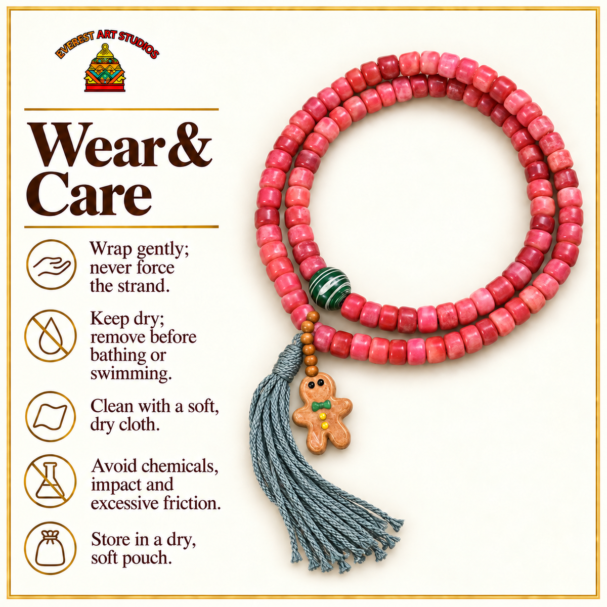 EverestArtstudios Natural Full-Blood Camel Bone 108-Bead Mala with Gingerbread Charm — care