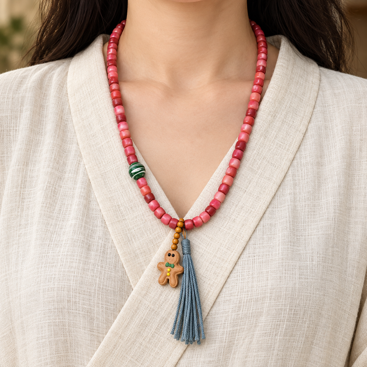 EverestArtstudios Natural Full-Blood Camel Bone 108-Bead Mala with Gingerbread Charm — linen front