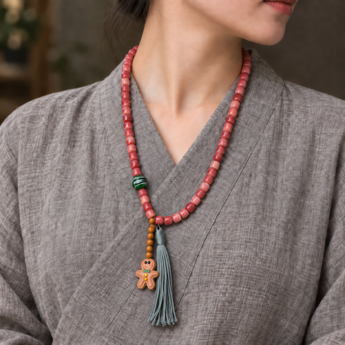 EverestArtstudios Natural Full-Blood Camel Bone 108-Bead Mala with Gingerbread Charm — linen side