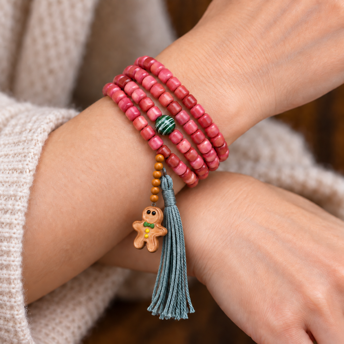 EverestArtstudios Natural Full-Blood Camel Bone 108-Bead Mala with Gingerbread Charm — wrist crossed