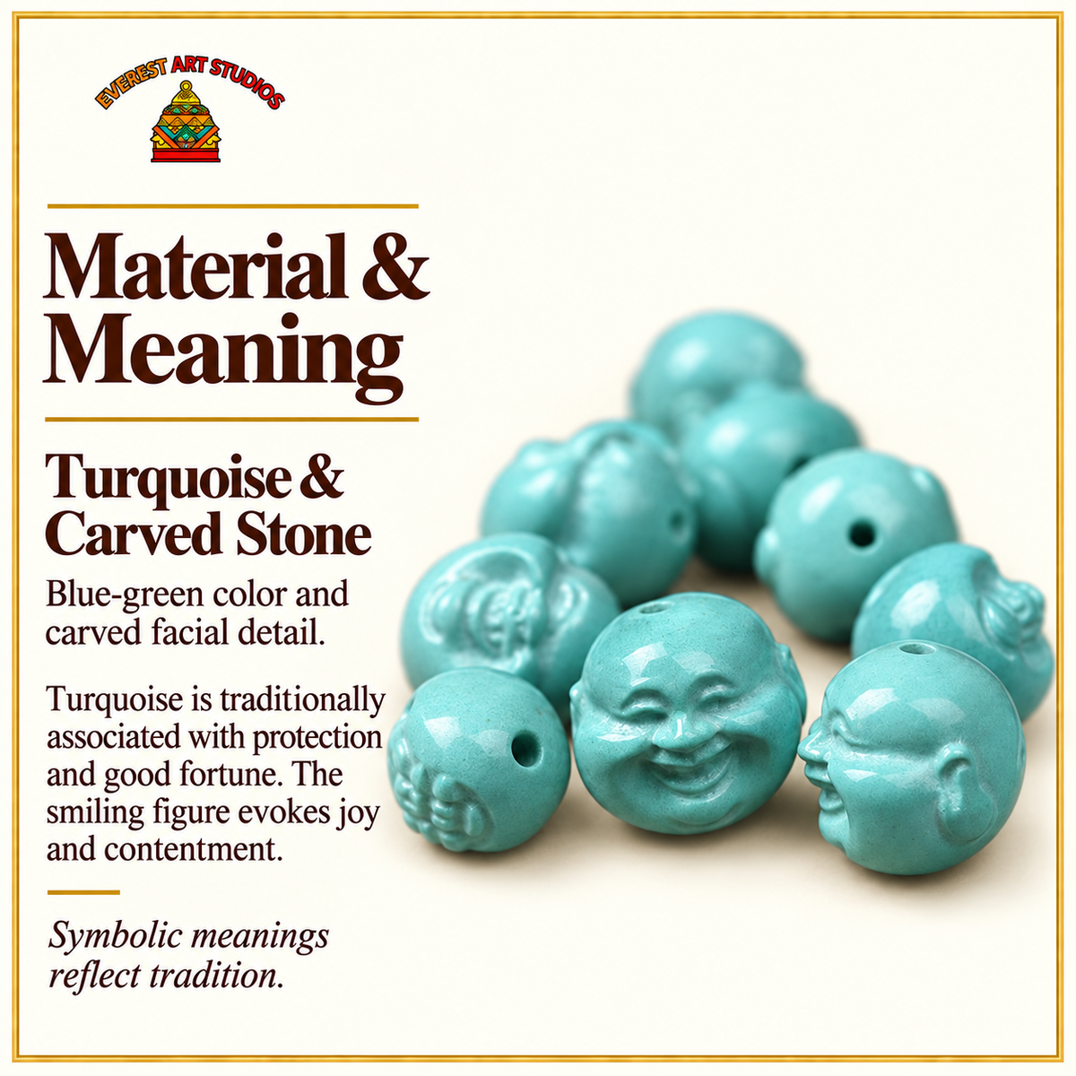 EverestArtstudios Hand-Carved Turquoise Buddha Head Mala Accessory — materials meaning