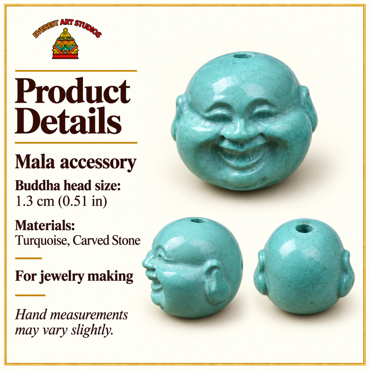 EverestArtstudios Hand-Carved Turquoise Buddha Head Mala Accessory — specifications