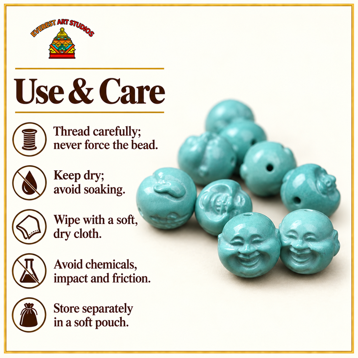 EverestArtstudios Hand-Carved Turquoise Buddha Head Mala Accessory — care