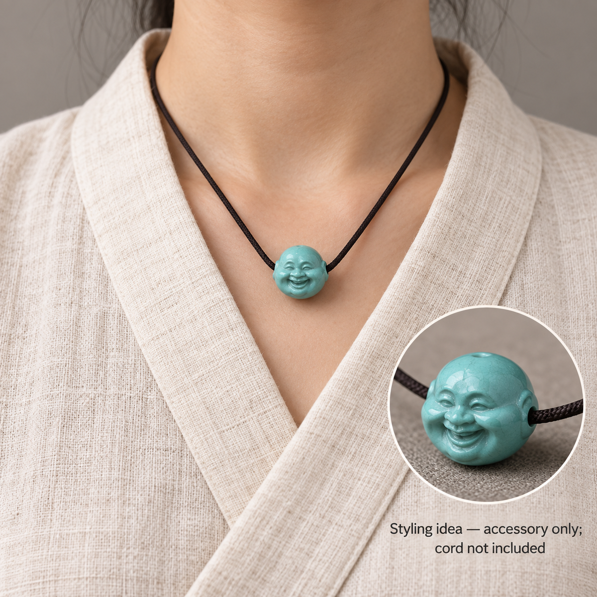 EverestArtstudios Hand-Carved Turquoise Buddha Head Mala Accessory — linen front