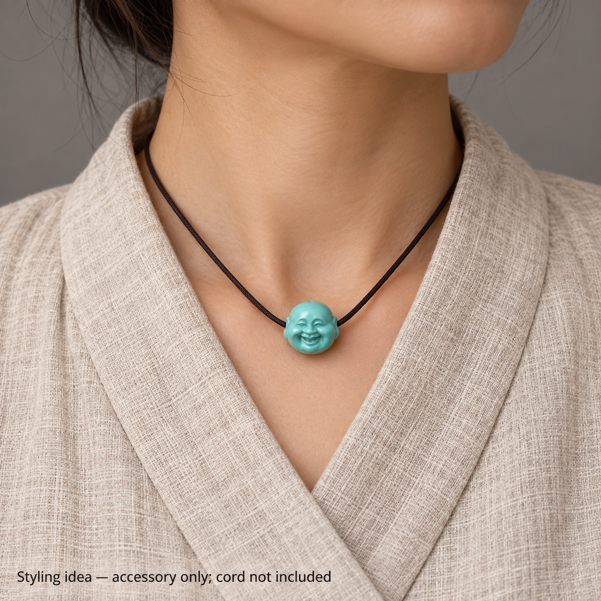 EverestArtstudios Hand-Carved Turquoise Buddha Head Mala Accessory — linen seated