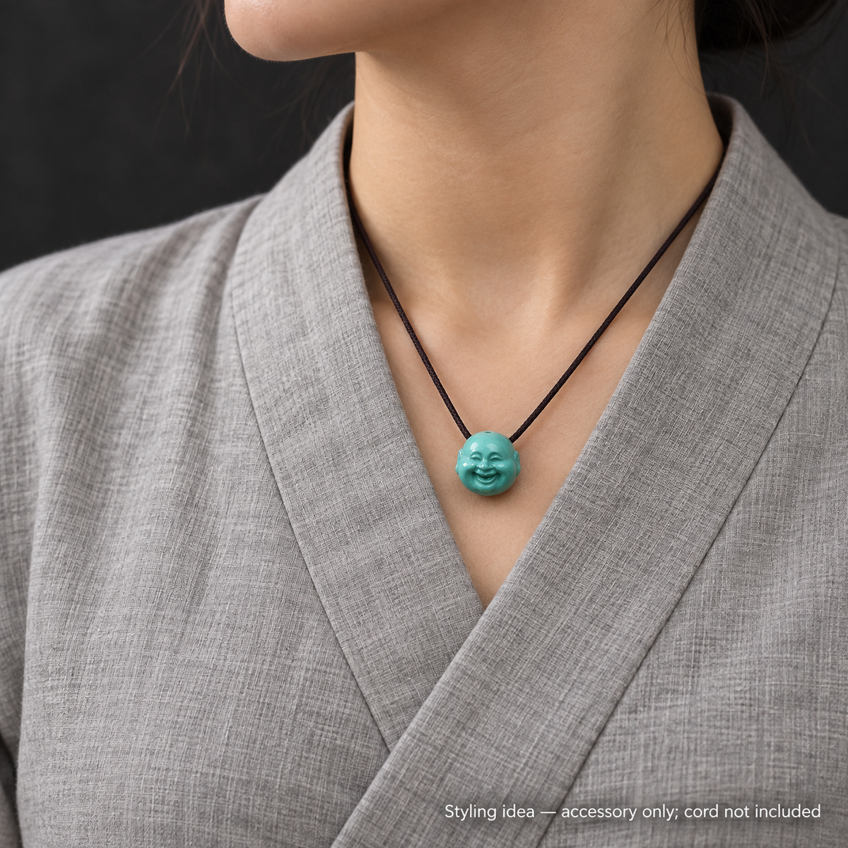 EverestArtstudios Hand-Carved Turquoise Buddha Head Mala Accessory — linen side