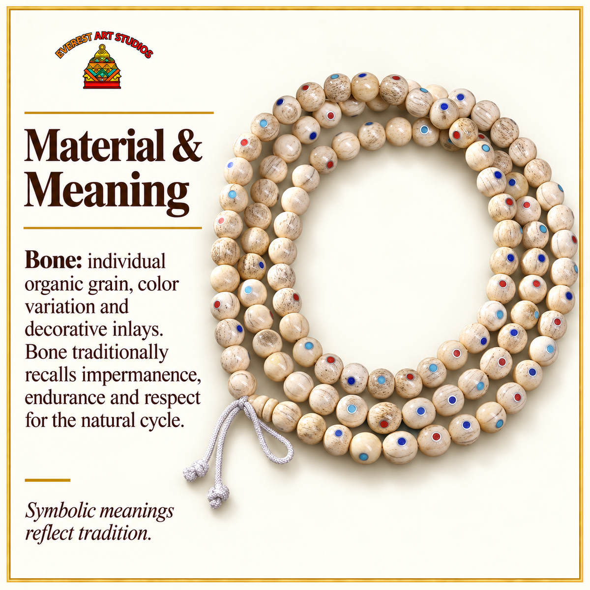 EverestArtstudios Inlaid Bone Round-Bead 108-Bead DIY Mala Strand — materials meaning