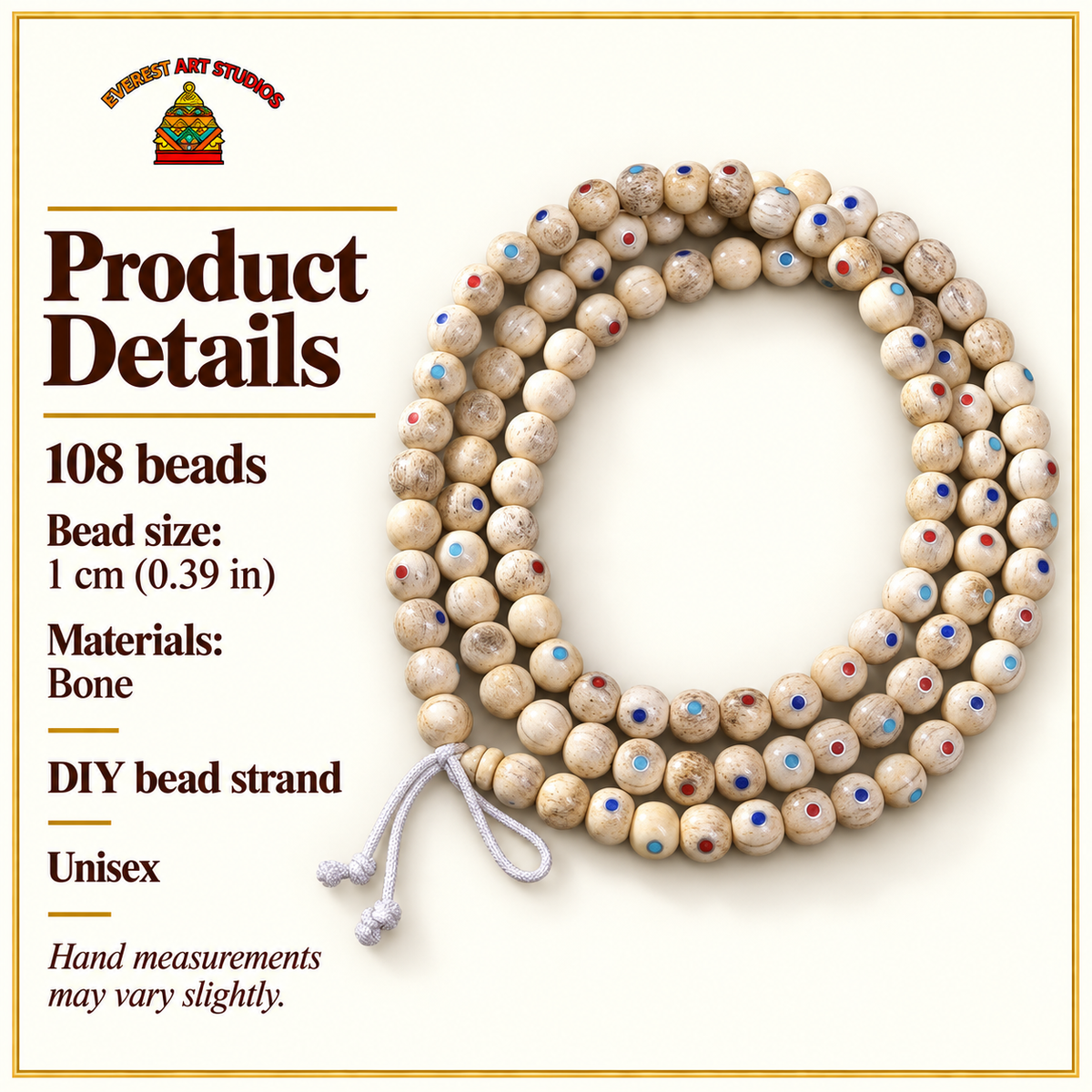 EverestArtstudios Inlaid Bone Round-Bead 108-Bead DIY Mala Strand — specifications
