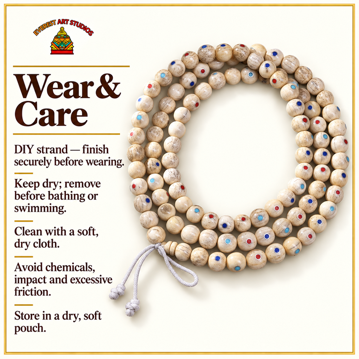 EverestArtstudios Inlaid Bone Round-Bead 108-Bead DIY Mala Strand — care