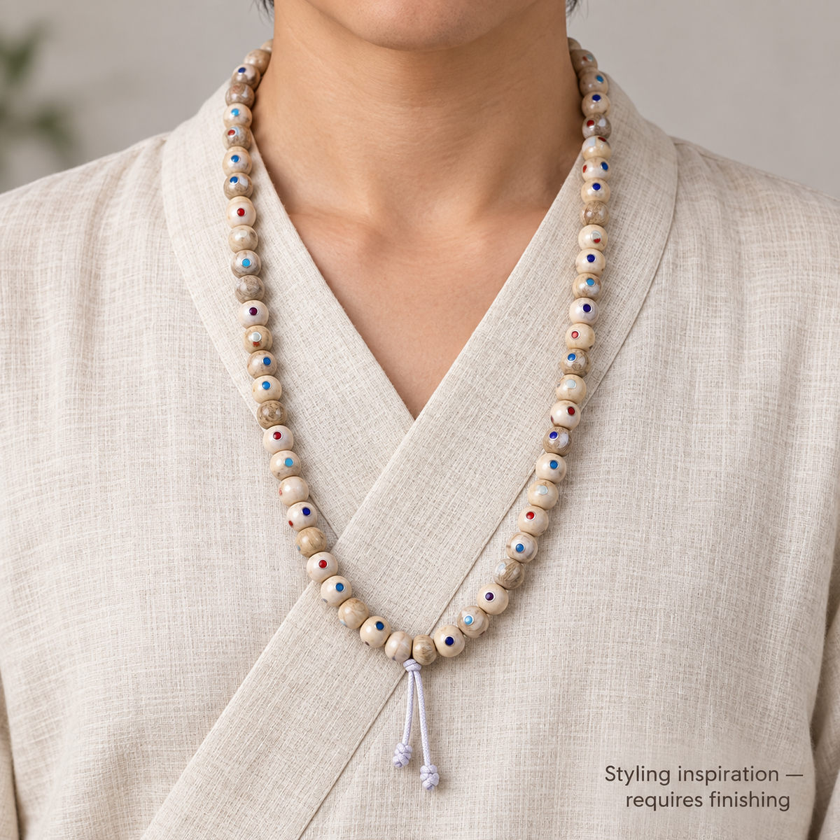 EverestArtstudios Inlaid Bone Round-Bead 108-Bead DIY Mala Strand — linen front