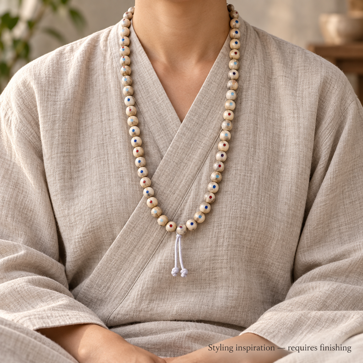EverestArtstudios Inlaid Bone Round-Bead 108-Bead DIY Mala Strand — linen seated