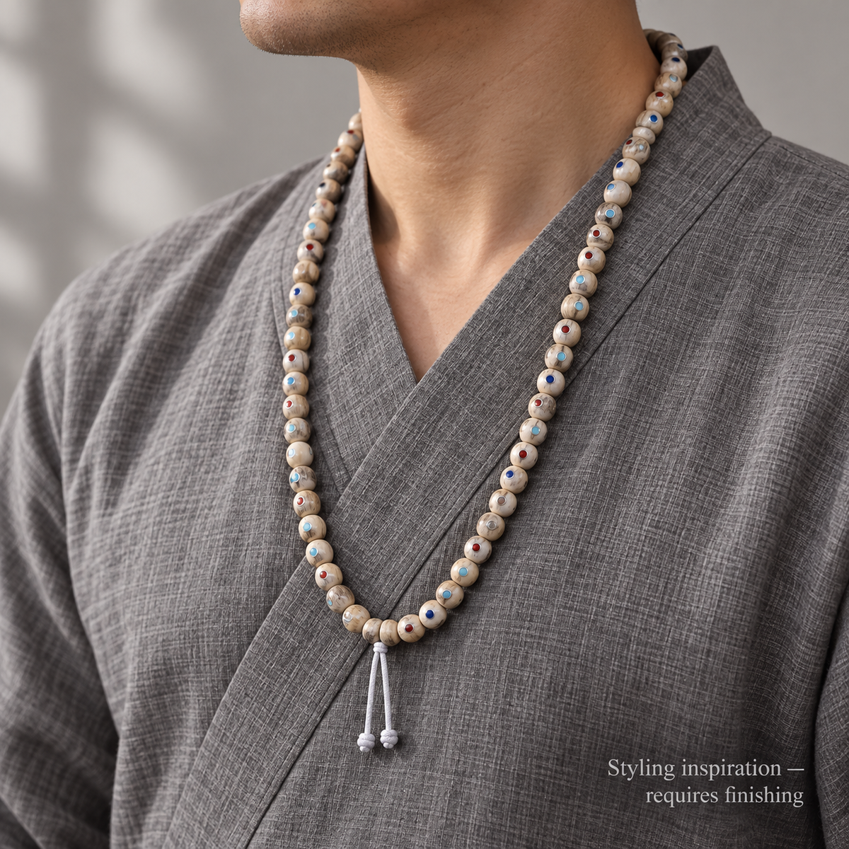 EverestArtstudios Inlaid Bone Round-Bead 108-Bead DIY Mala Strand — linen side