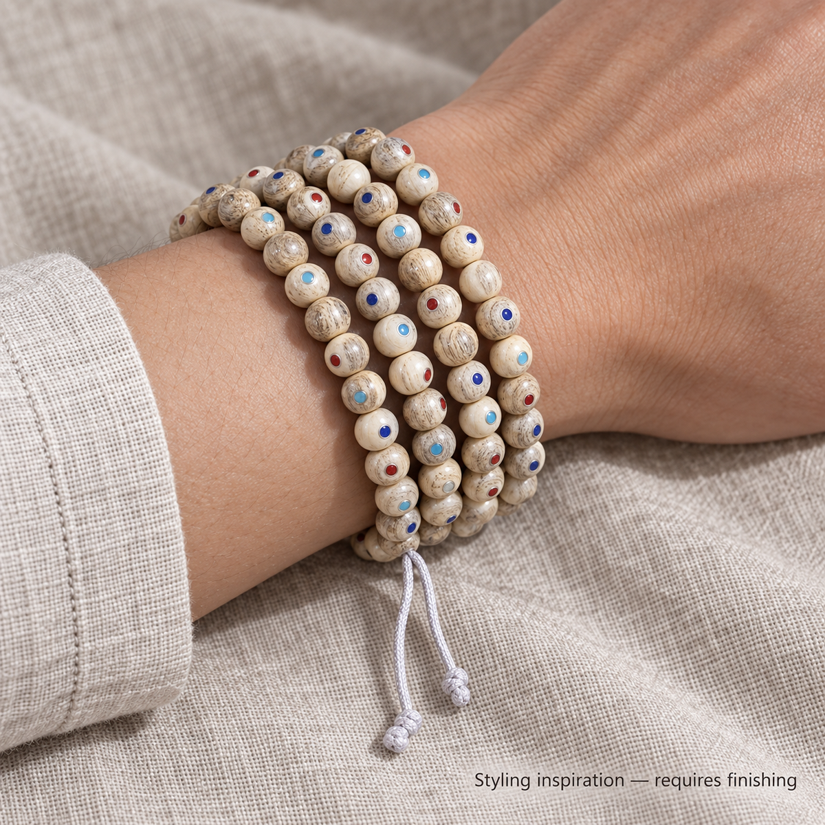 EverestArtstudios Inlaid Bone Round-Bead 108-Bead DIY Mala Strand — wrist resting
