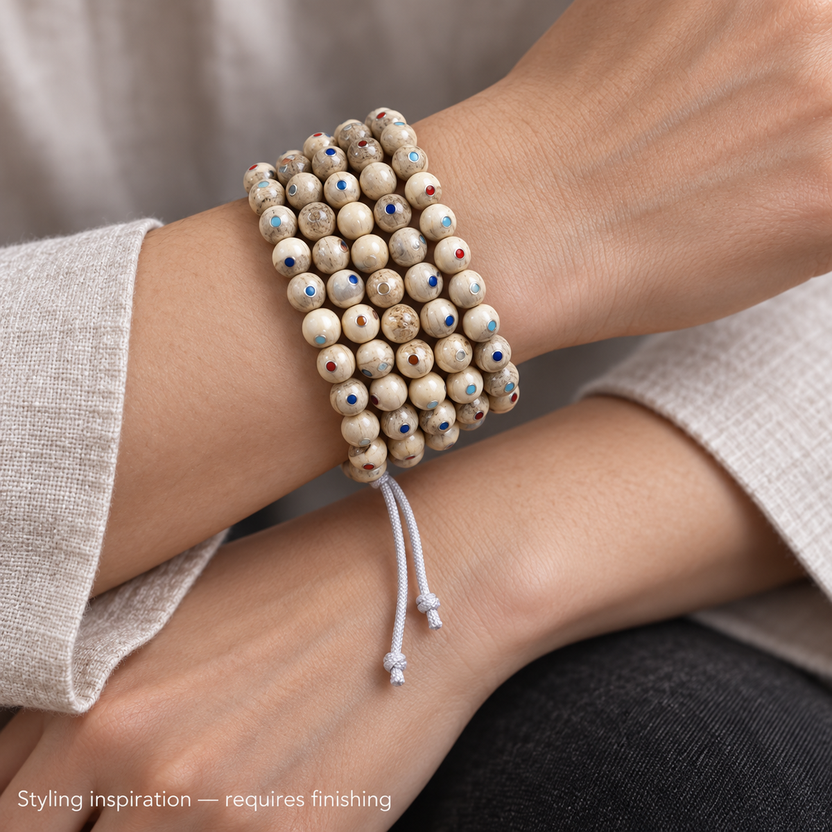 EverestArtstudios Inlaid Bone Round-Bead 108-Bead DIY Mala Strand — wrist crossed