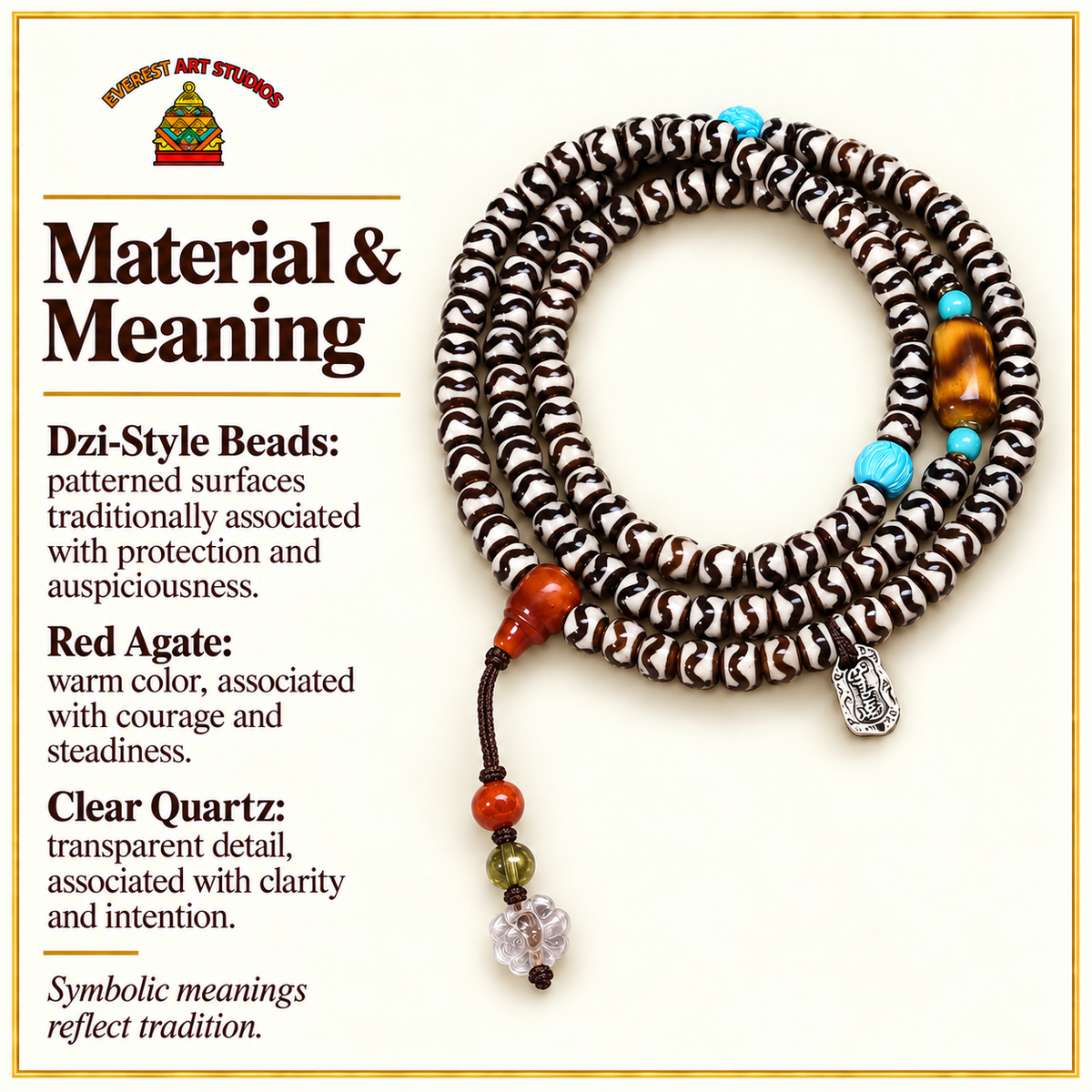 EverestArtstudios Natural Agate Tiger-Tooth Dzi 108-Bead Mala with Red Agate and Clear Quartz — materials meaning