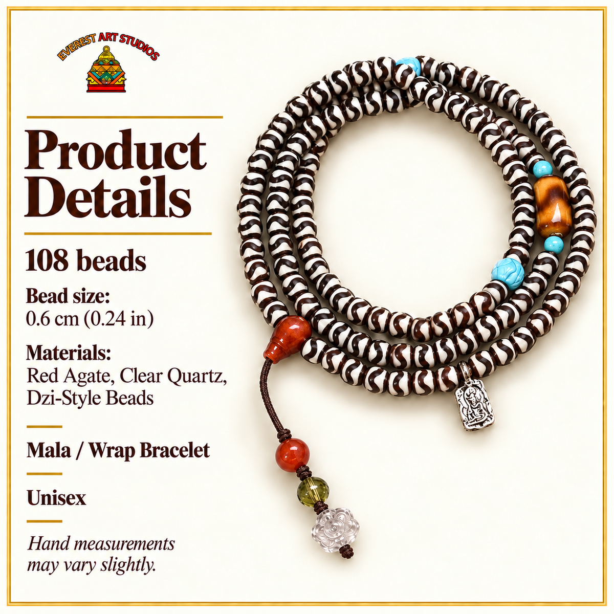 EverestArtstudios Natural Agate Tiger-Tooth Dzi 108-Bead Mala with Red Agate and Clear Quartz — specifications