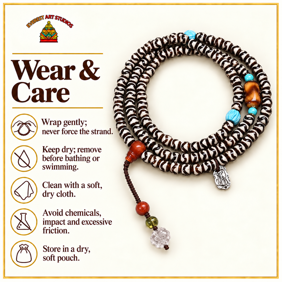 EverestArtstudios Natural Agate Tiger-Tooth Dzi 108-Bead Mala with Red Agate and Clear Quartz — care