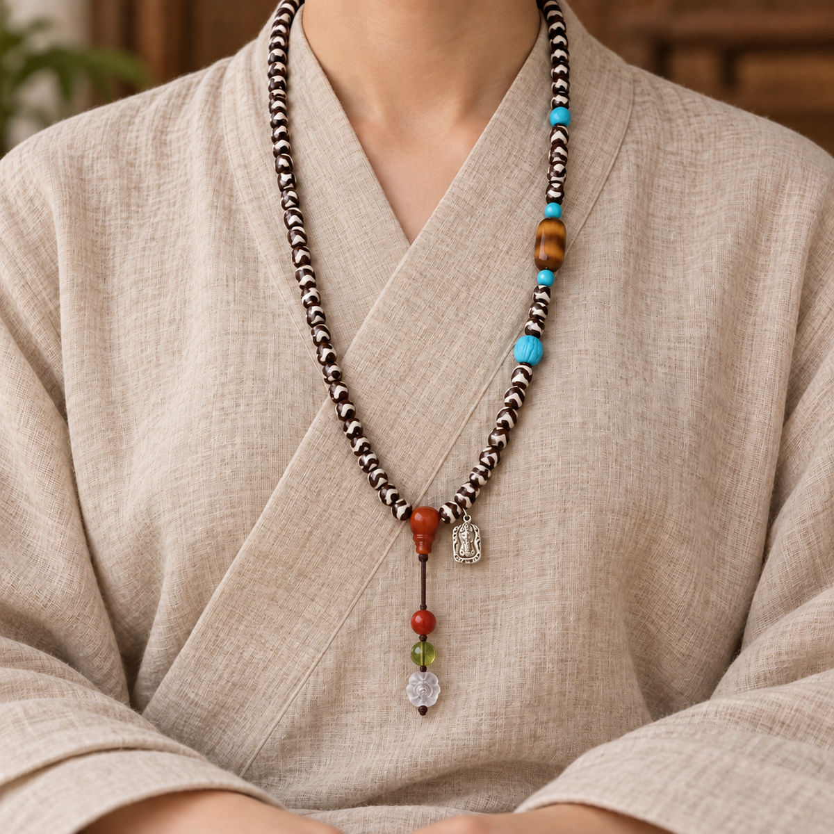 EverestArtstudios Natural Agate Tiger-Tooth Dzi 108-Bead Mala with Red Agate and Clear Quartz — linen seated