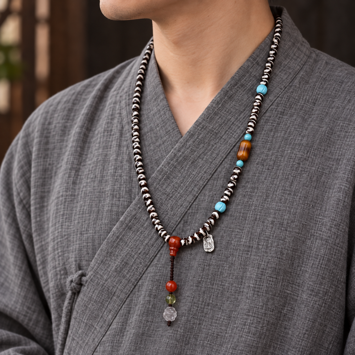 EverestArtstudios Natural Agate Tiger-Tooth Dzi 108-Bead Mala with Red Agate and Clear Quartz — linen side
