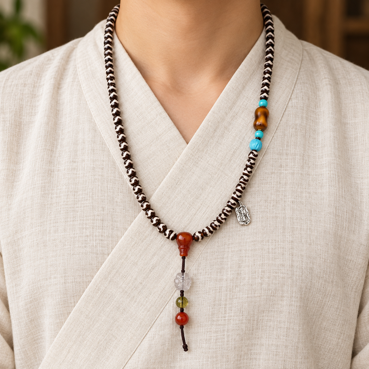 EverestArtstudios blessed EverestArtstudios Natural Agate Tiger-Tooth Dzi 108-Bead Mala with Red Agate and Clear Quartz
