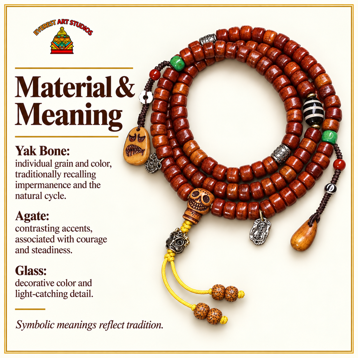 EverestArtstudios Tibetan Vintage Yak Bone 108-Bead Mala with Agate and Glass Accents — materials meaning