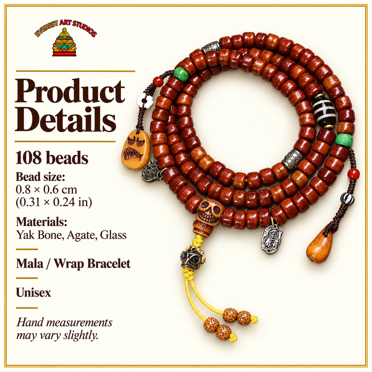 EverestArtstudios Tibetan Vintage Yak Bone 108-Bead Mala with Agate and Glass Accents — specifications