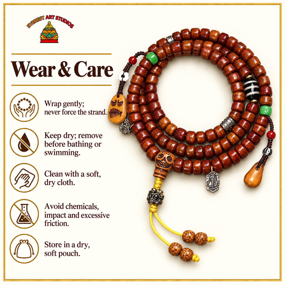 EverestArtstudios Tibetan Vintage Yak Bone 108-Bead Mala with Agate and Glass Accents — care