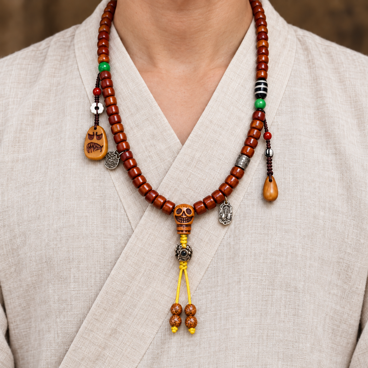 EverestArtstudios Tibetan Vintage Yak Bone 108-Bead Mala with Agate and Glass Accents — linen front