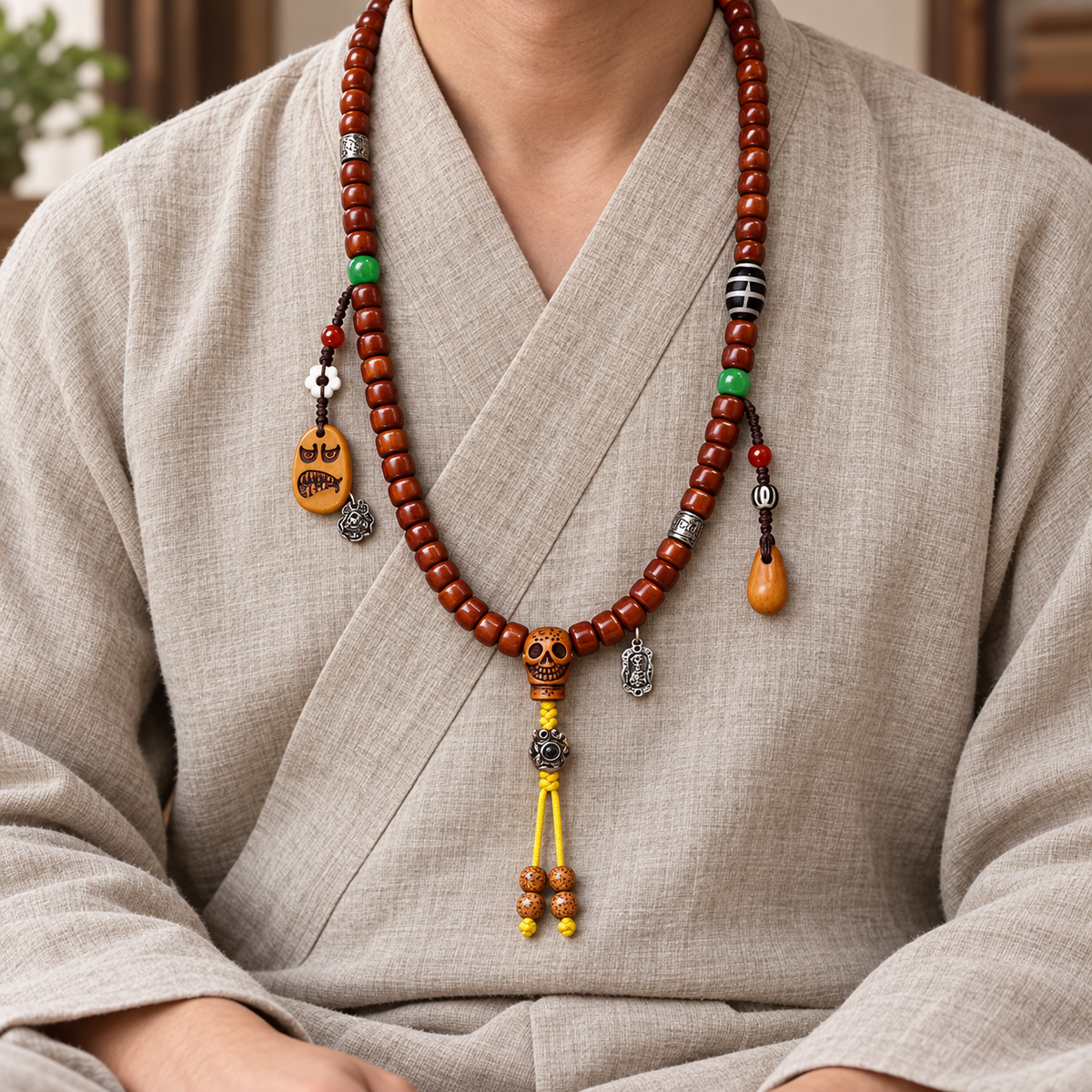 EverestArtstudios Tibetan Vintage Yak Bone 108-Bead Mala with Agate and Glass Accents — linen seated