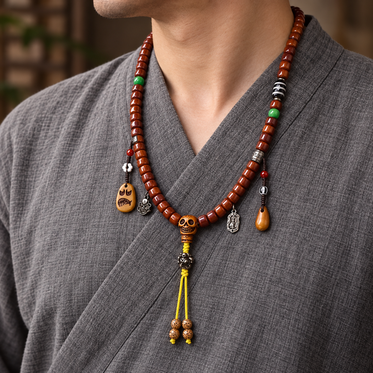 EverestArtstudios Tibetan Vintage Yak Bone 108-Bead Mala with Agate and Glass Accents — linen side