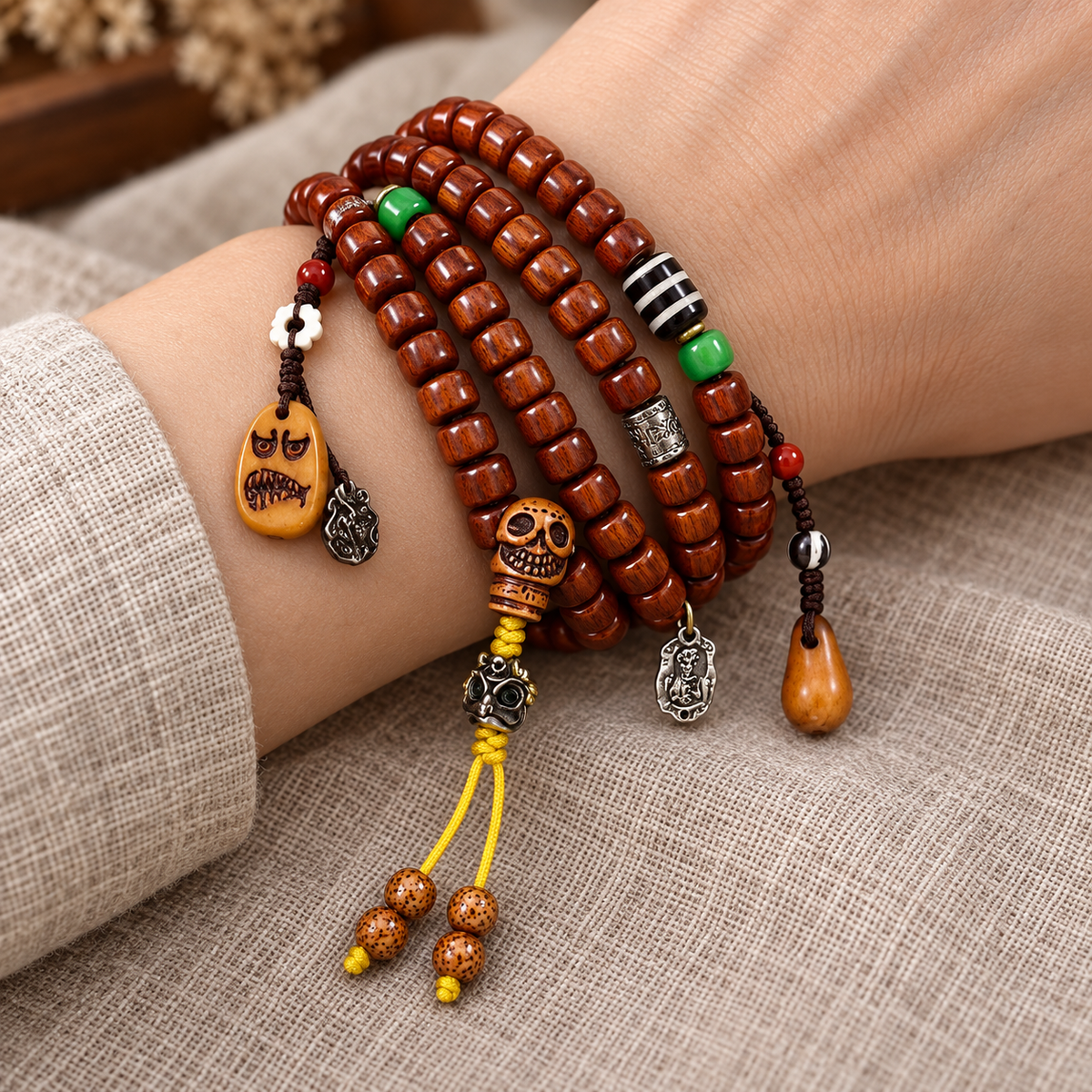 EverestArtstudios Tibetan Vintage Yak Bone 108-Bead Mala with Agate and Glass Accents — wrist resting