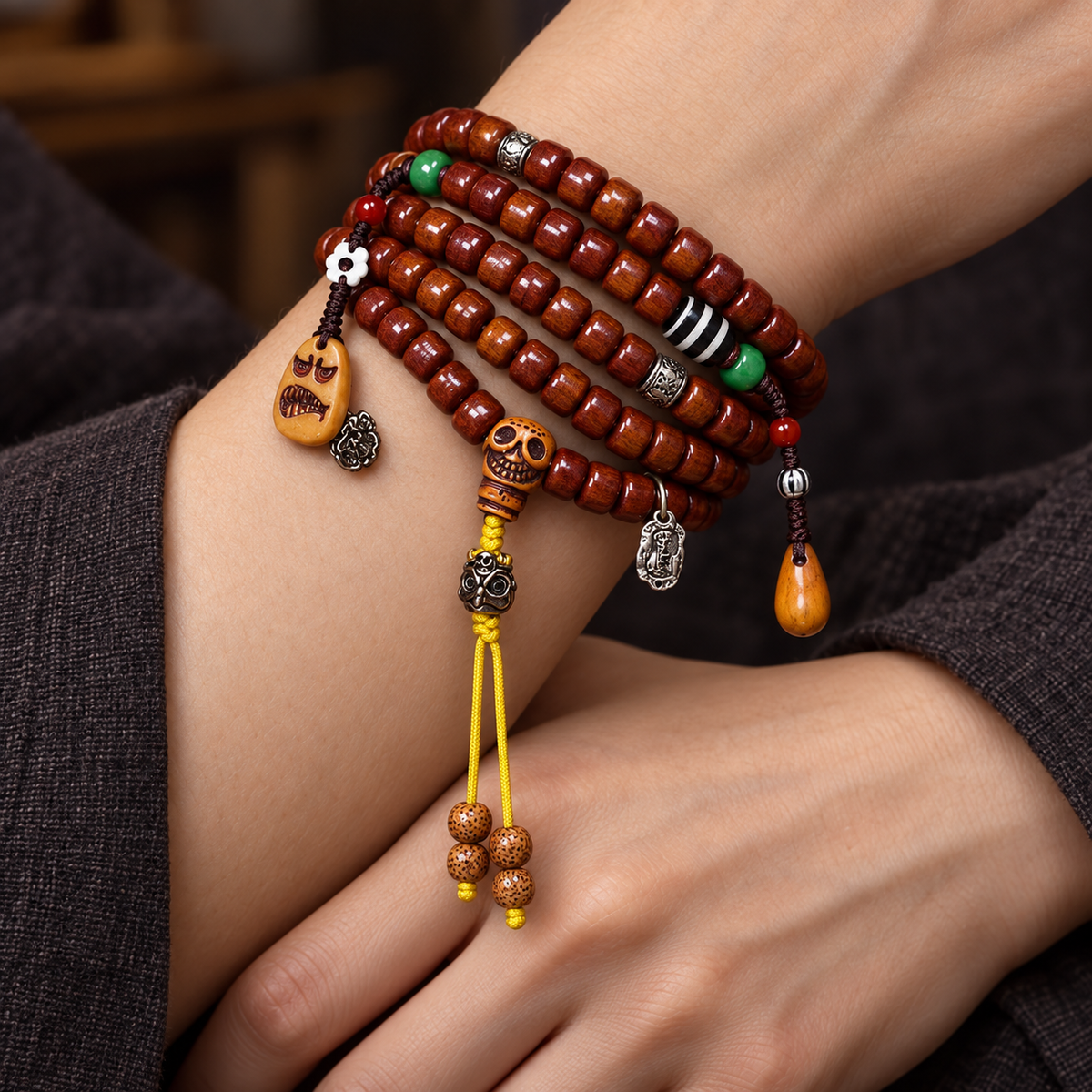 EverestArtstudios Tibetan Vintage Yak Bone 108-Bead Mala with Agate and Glass Accents — wrist crossed