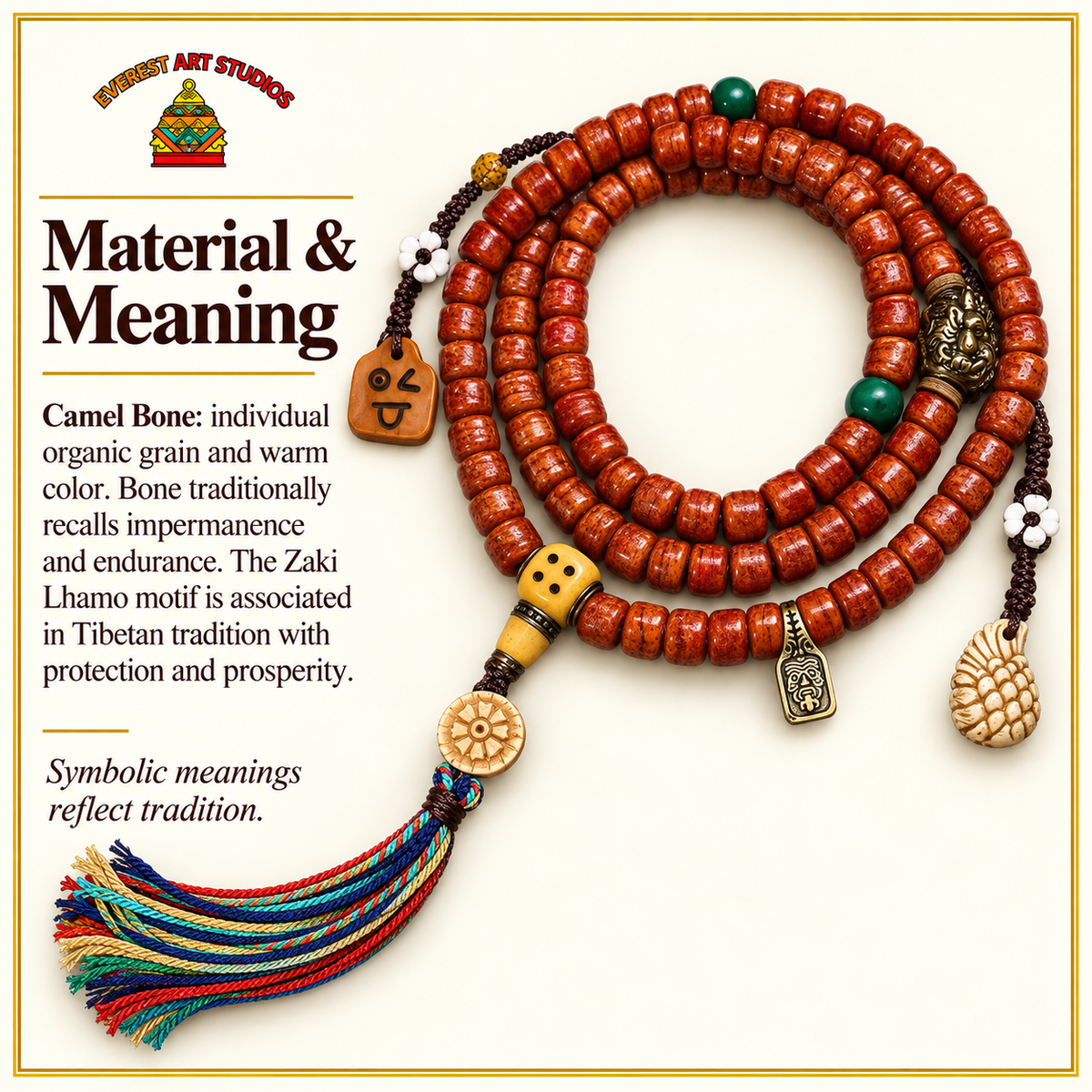 EverestArtstudios Tibetan Vintage Camel Bone 108-Bead Mala with Zaki Lhamo Clip — materials meaning