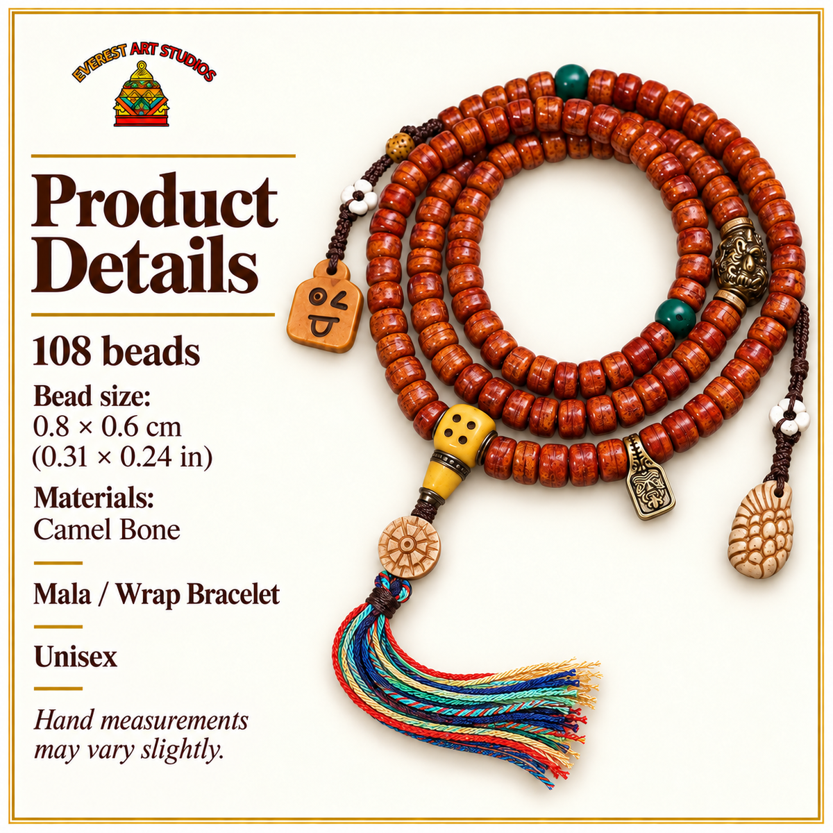 EverestArtstudios Tibetan Vintage Camel Bone 108-Bead Mala with Zaki Lhamo Clip — specifications