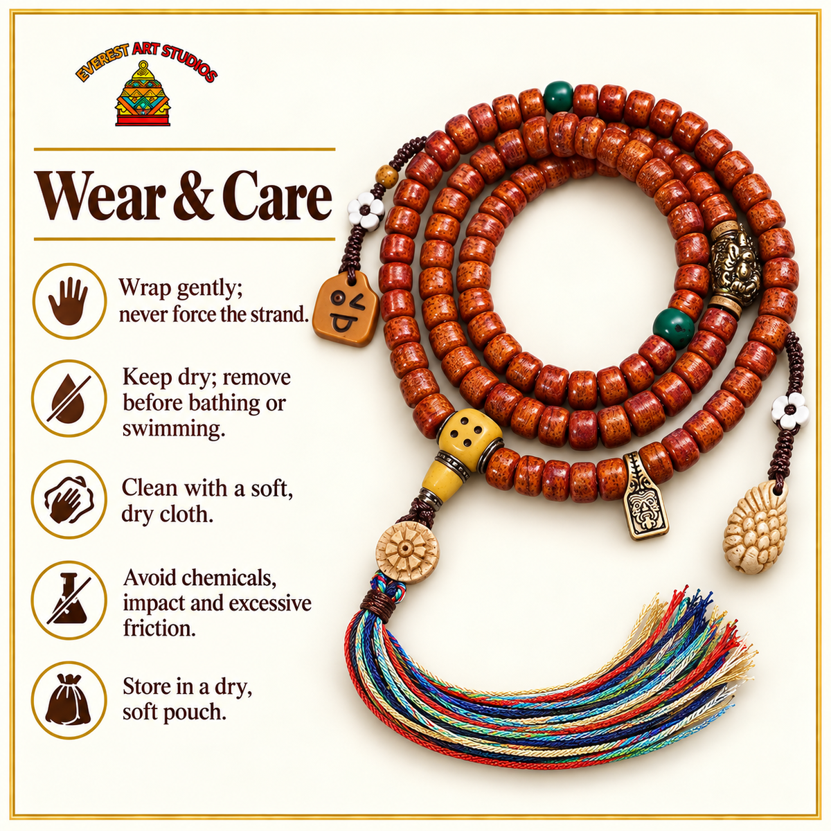 EverestArtstudios Tibetan Vintage Camel Bone 108-Bead Mala with Zaki Lhamo Clip — care