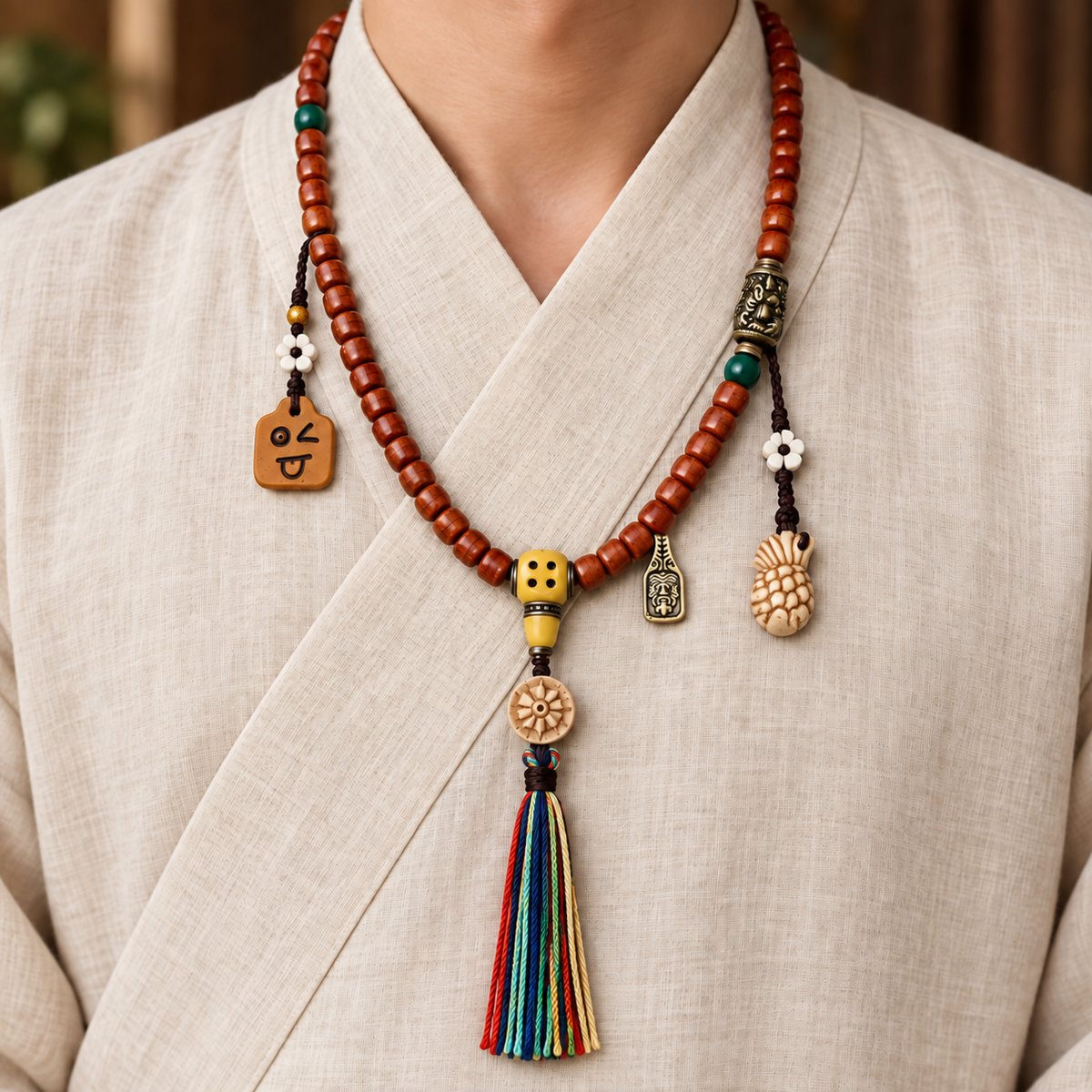 EverestArtstudios Tibetan Vintage Camel Bone 108-Bead Mala with Zaki Lhamo Clip — linen front