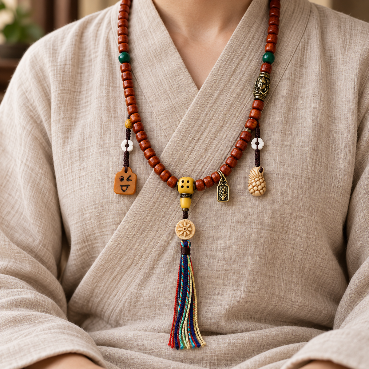 EverestArtstudios Tibetan Vintage Camel Bone 108-Bead Mala with Zaki Lhamo Clip — linen seated