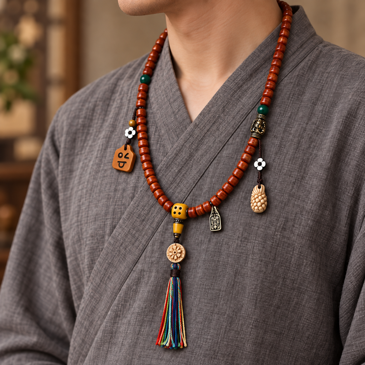EverestArtstudios Tibetan Vintage Camel Bone 108-Bead Mala with Zaki Lhamo Clip — linen side