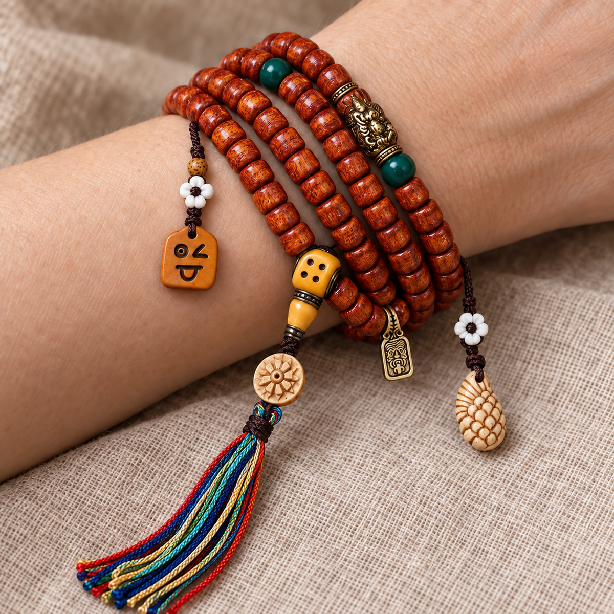 EverestArtstudios Tibetan Vintage Camel Bone 108-Bead Mala with Zaki Lhamo Clip — wrist resting