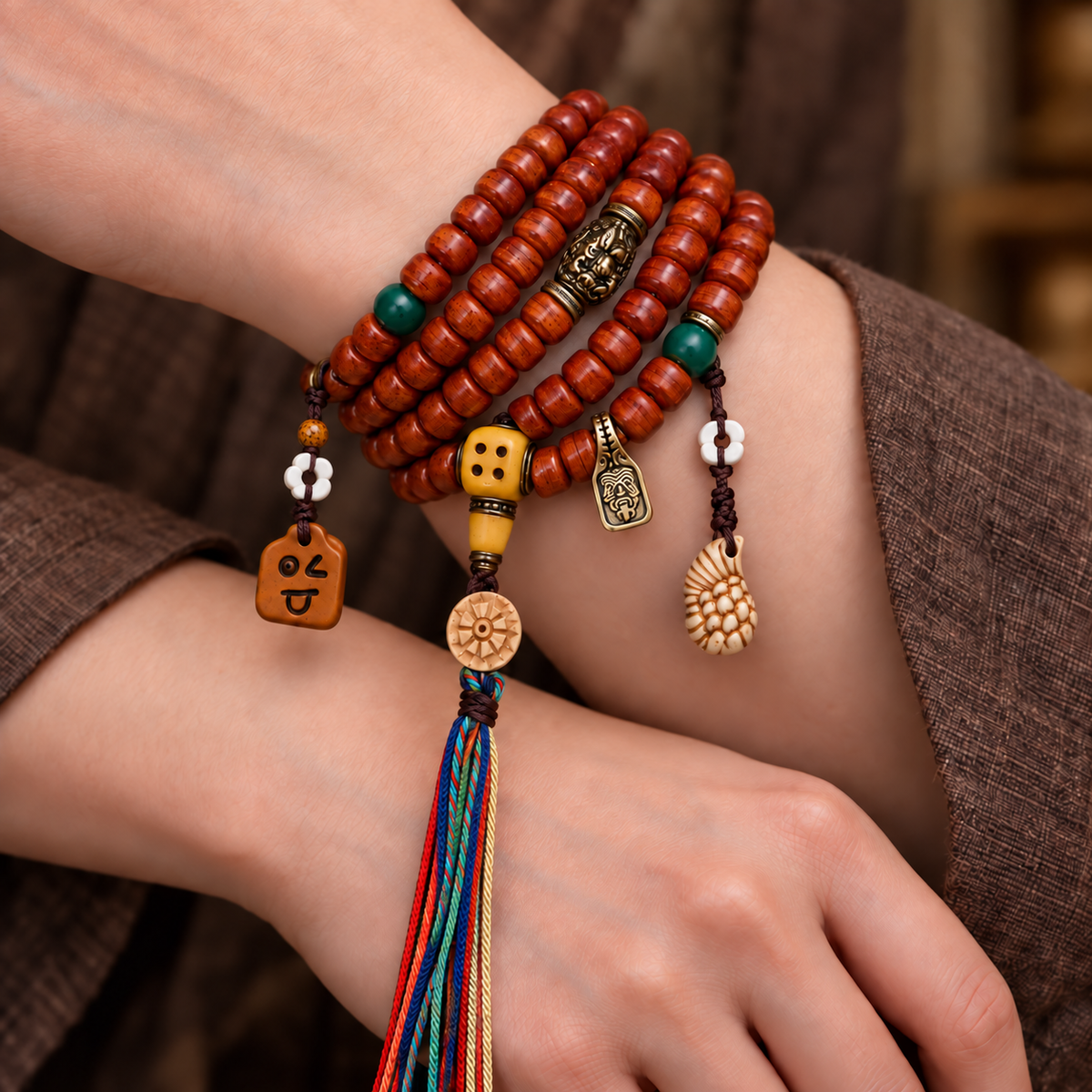 EverestArtstudios Tibetan Vintage Camel Bone 108-Bead Mala with Zaki Lhamo Clip — wrist crossed
