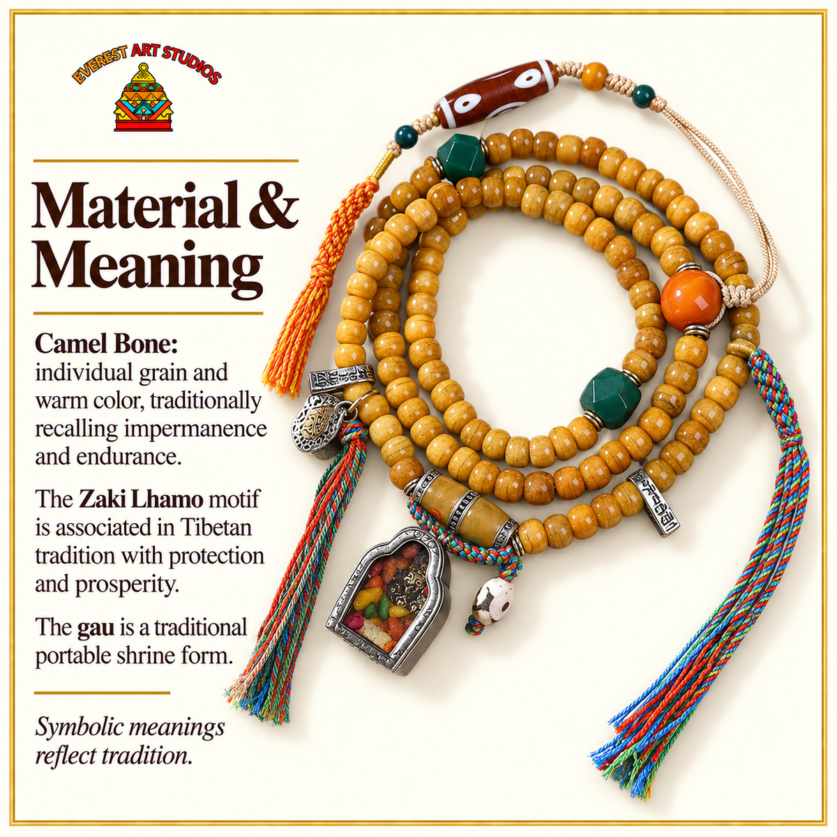 EverestArtstudios Natural Camel Bone 108-Bead Mala with Zaki Lhamo Gau Pendant — materials meaning