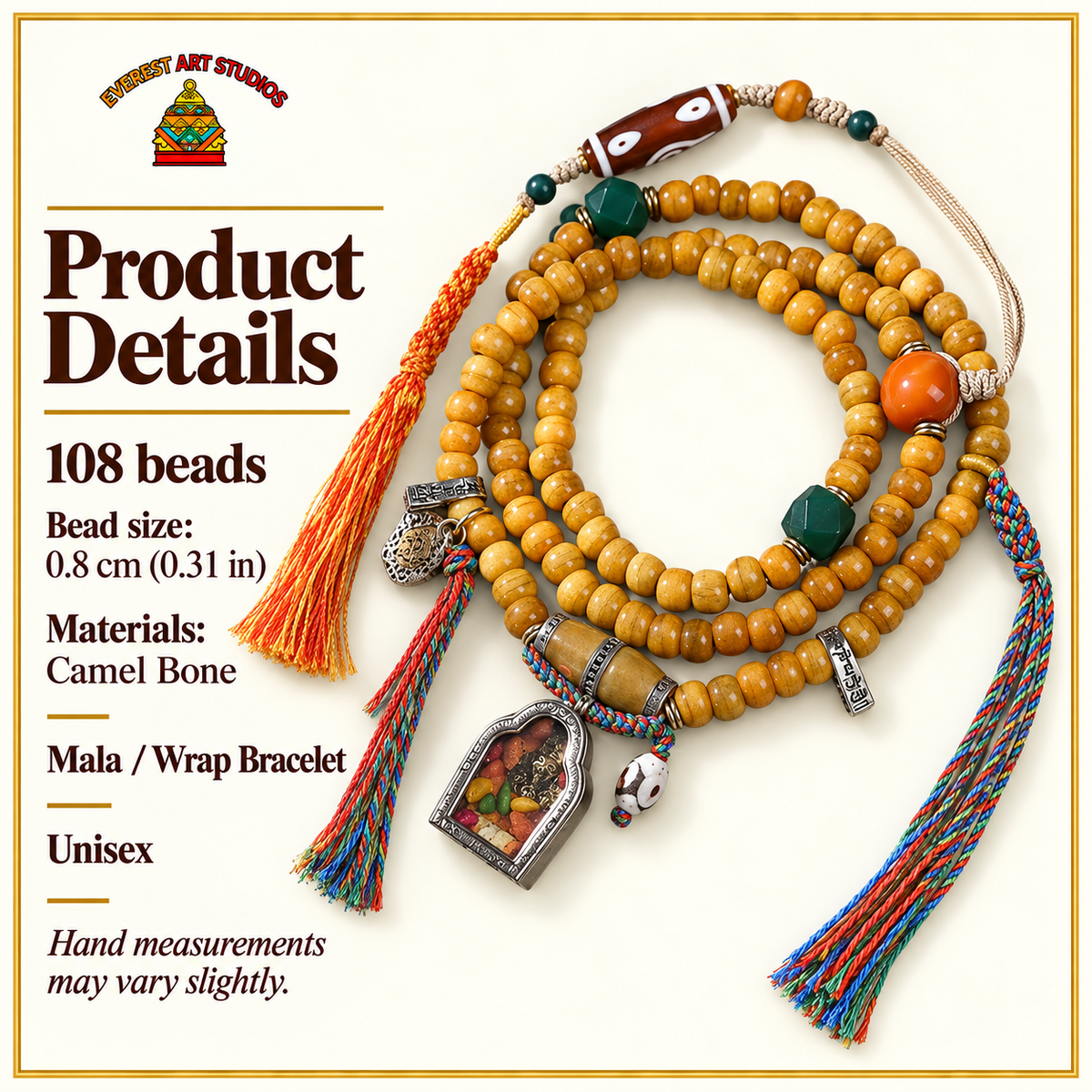 EverestArtstudios Natural Camel Bone 108-Bead Mala with Zaki Lhamo Gau Pendant — specifications