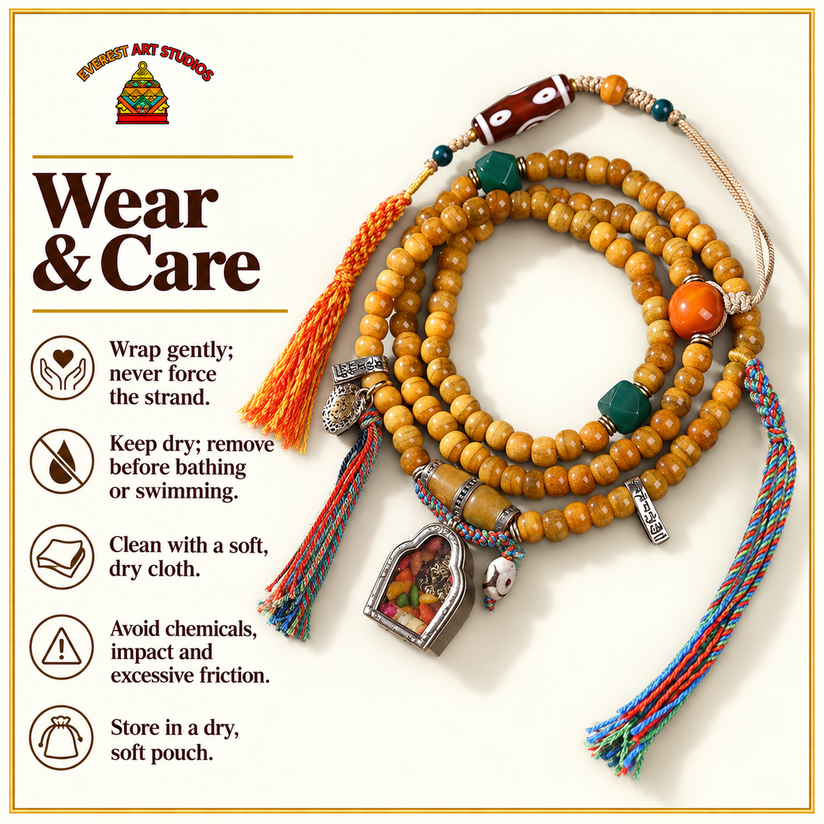 EverestArtstudios Natural Camel Bone 108-Bead Mala with Zaki Lhamo Gau Pendant — care