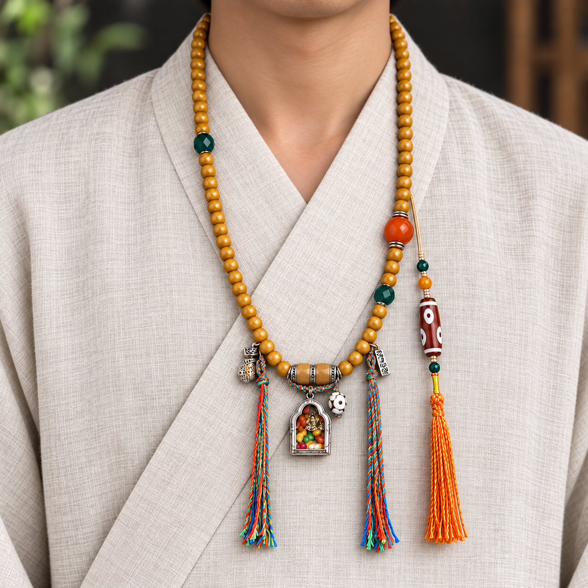 EverestArtstudios Natural Camel Bone 108-Bead Mala with Zaki Lhamo Gau Pendant — linen front