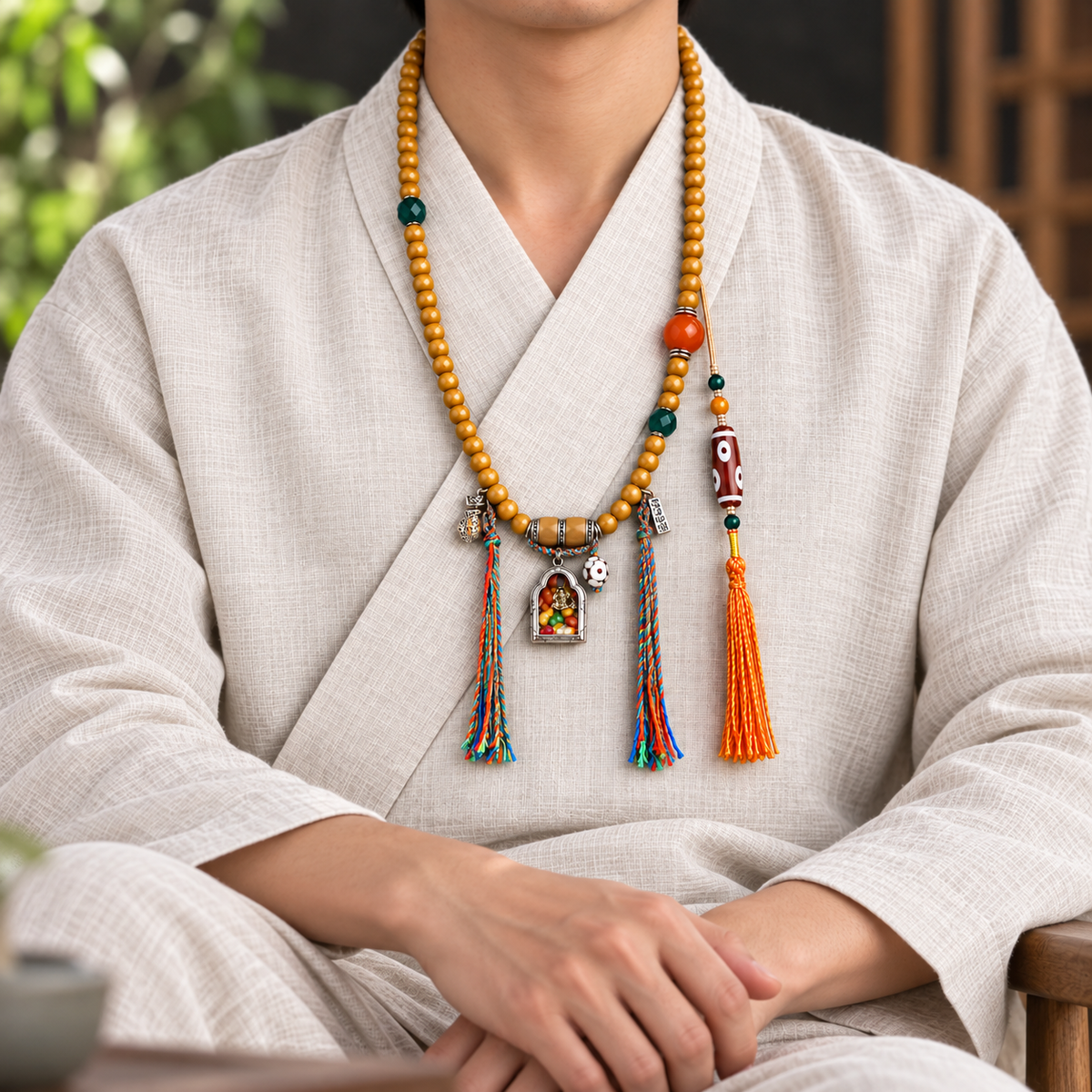 EverestArtstudios Natural Camel Bone 108-Bead Mala with Zaki Lhamo Gau Pendant — linen seated