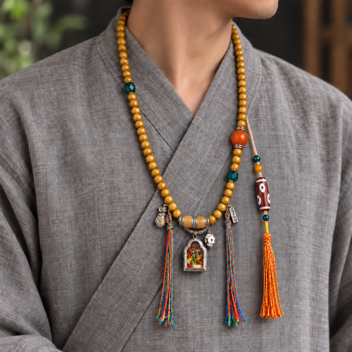 EverestArtstudios Natural Camel Bone 108-Bead Mala with Zaki Lhamo Gau Pendant — linen side