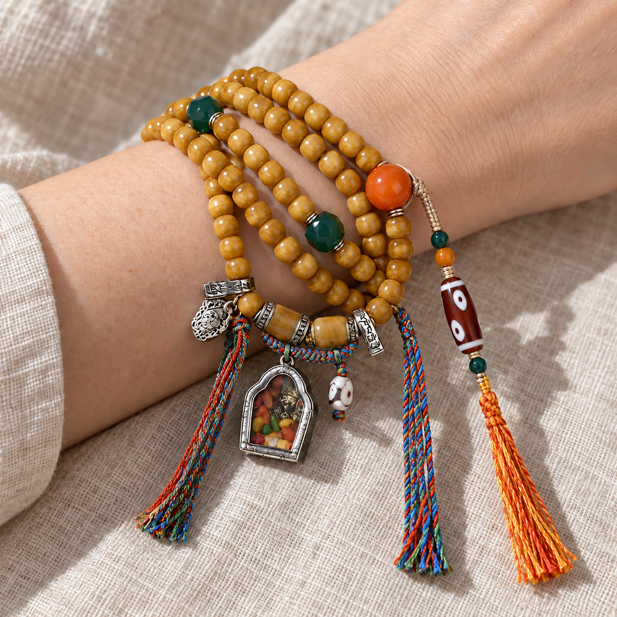 EverestArtstudios Natural Camel Bone 108-Bead Mala with Zaki Lhamo Gau Pendant — wrist resting