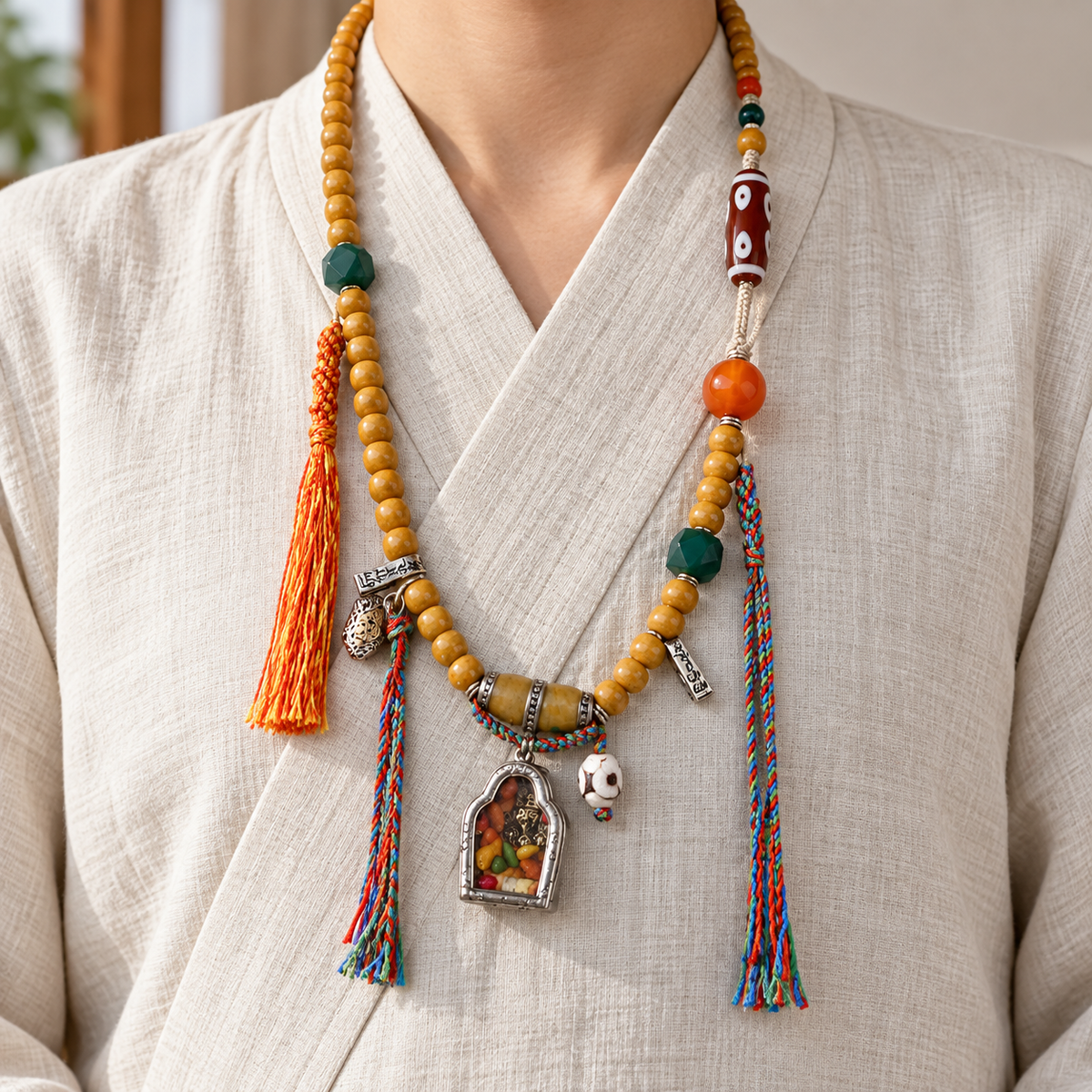 EverestArtstudios blessed EverestArtstudios Natural Camel Bone 108-Bead Mala with Zaki Lhamo Gau Pendant